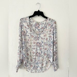 Lucky Brand White Drawstring Blouse With Blue/Pink Floral Pattern Size S